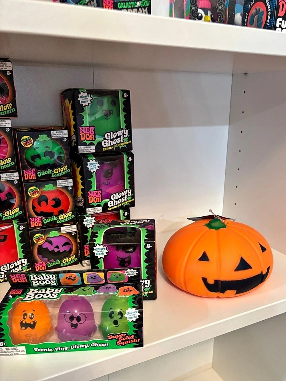 Schylling NeeDoh Glowy Ghost Purple, Jumbo orange pumpkin & 3 pack babyboos.